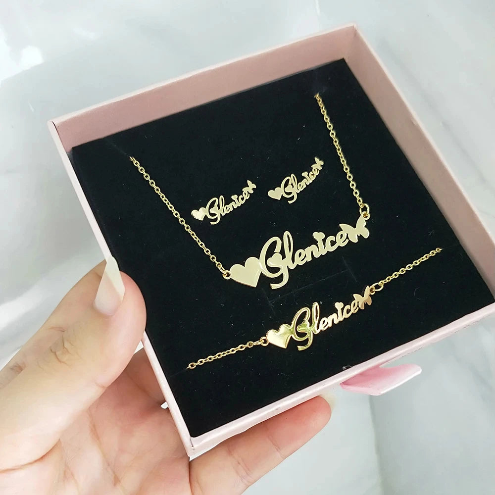 Personalized Name Kids Set Necklace Custom Letter Bracelet Stainless Steel Mini Earrings Gift for Kids